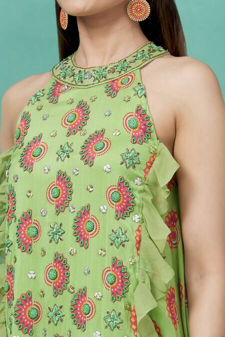 Shop_Riraan Couture_Green Georgette Ruffle Kurta And Pant Set_Online_at_Aza_Fashions