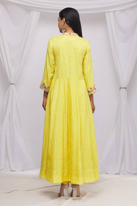 Shop Made In Pinkcity Yellow Chanderi Floral Motifs Mandarin Collar Lucknowi Anarkali Set at Aza Fashions Shop_Made In Pinkcity_Yellow Chanderi Floral Motifs Mandarin Collar Lucknowi Anarkali Set_at_Aza_Fashions