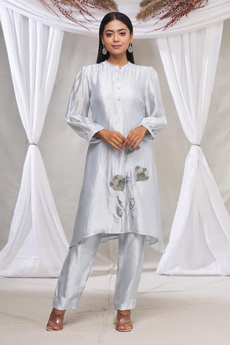 Made in Pinkcity Blue Cora Silk Embroidered Floral Motifs Sleeve Kurta And Pant Set 