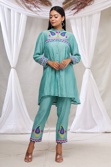 Made In Pinkcity_Blue Chanderi Floral, Geometric Motifs Pleated Kurta And Pant Set_Online_at_Aza_Fashions