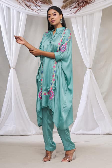 Made In Pinkcity Blue Satin Floral Motifs Mandarin Collar Asymmetric Kurta And Pant Set Online at Aza Fashions Made In Pinkcity_Blue Satin Floral Motifs Mandarin Collar Asymmetric Kurta And Pant Set_Online_at_Aza_Fashions