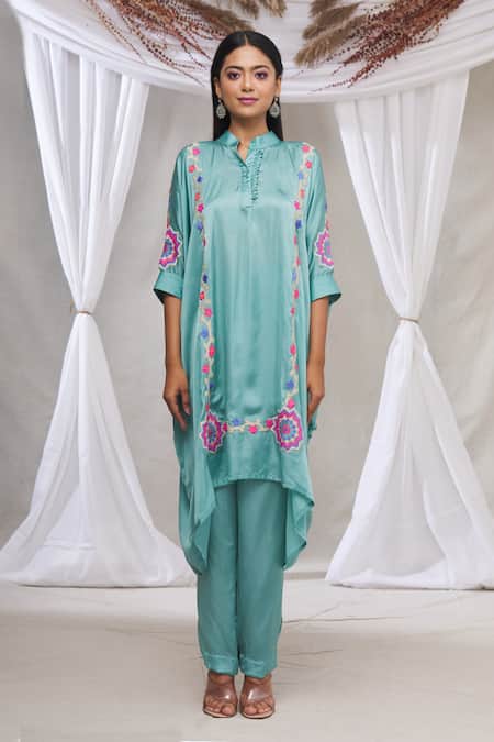 Buy Made In Pinkcity Blue Satin Floral Motifs Mandarin Collar Asymmetric Kurta And Pant Set Online at Aza Fashions Buy_Made In Pinkcity_Blue Satin Floral Motifs Mandarin Collar Asymmetric Kurta And Pant Set_Online_at_Aza_Fashions