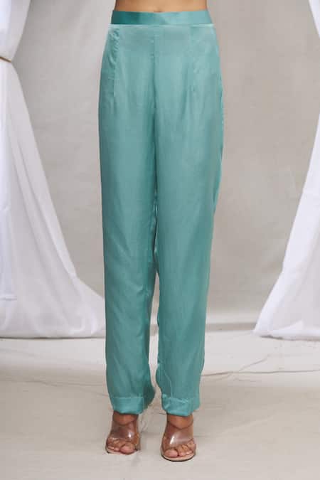 Shop Made In Pinkcity Blue Satin Floral Motifs Mandarin Collar Asymmetric Kurta And Pant Set Online at Aza Fashions Shop_Made In Pinkcity_Blue Satin Floral Motifs Mandarin Collar Asymmetric Kurta And Pant Set_Online_at_Aza_Fashions