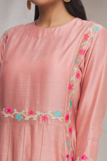 Made In Pinkcity_Pink Chanderi Floral Motifs Round Kurta And Pant Set_at_Aza_Fashions