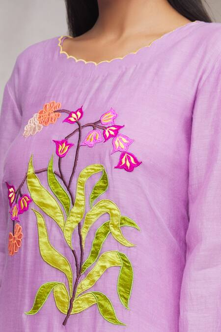 Made In Pinkcity Purple Net, Chanderi Floral Motifs Round Kurta Set at Aza Fashions Made In Pinkcity_Purple Net, Chanderi Floral Motifs Round Kurta Set_at_Aza_Fashions