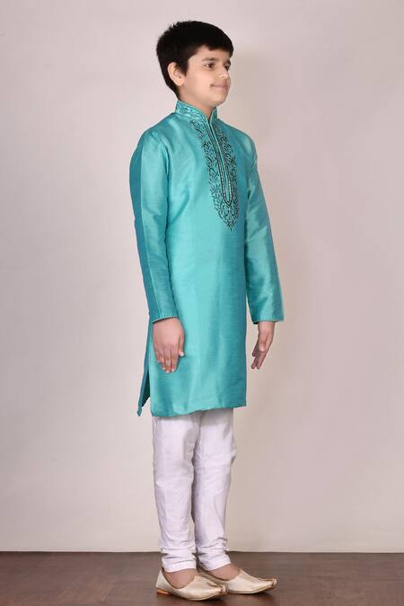 Petite Pomme Green Silk, Cotton Embroidery Kurta Set Online at Aza Fashions Petite Pomme_Green Silk, Cotton Embroidery Kurta Set_Online_at_Aza_Fashions