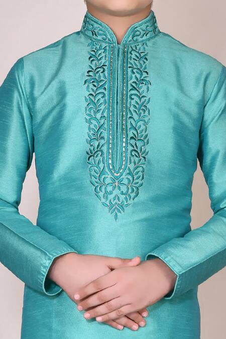 Shop Petite Pomme Green Silk, Cotton Embroidery Kurta Set Online at Aza Fashions Shop_Petite Pomme_Green Silk, Cotton Embroidery Kurta Set_Online_at_Aza_Fashions