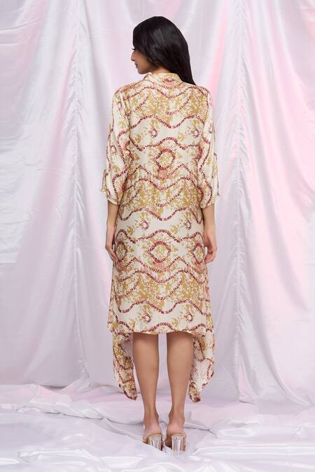 Shop Punit Balana Yellow Silk Satin Abstract, Patch Work Mandarin Collar Print Tunic at Aza Fashions Shop_Punit Balana_Yellow Silk Satin Abstract, Patch Work Mandarin Collar Print Tunic_at_Aza_Fashions