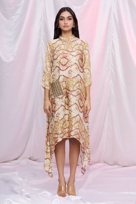 Punit Balana Yellow Silk Satin Abstract, Patch Work Mandarin Collar Print Tunic Online at Aza Fashions Punit Balana_Yellow Silk Satin Abstract, Patch Work Mandarin Collar Print Tunic_Online_at_Aza_Fashions