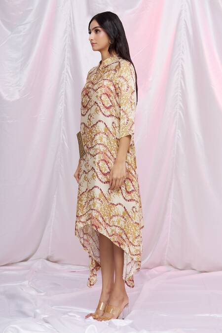 Shop Punit Balana Yellow Silk Satin Abstract, Patch Work Mandarin Collar Print Tunic Online at Aza Fashions Shop_Punit Balana_Yellow Silk Satin Abstract, Patch Work Mandarin Collar Print Tunic_Online_at_Aza_Fashions