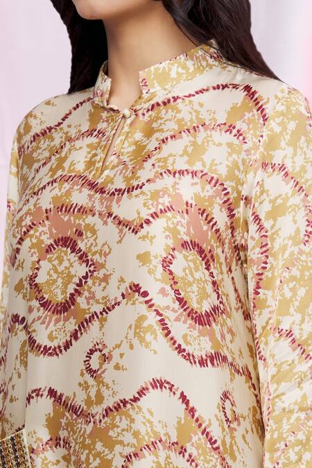 Punit Balana Yellow Silk Satin Abstract, Patch Work Mandarin Collar Print Tunic at Aza Fashions Punit Balana_Yellow Silk Satin Abstract, Patch Work Mandarin Collar Print Tunic_at_Aza_Fashions