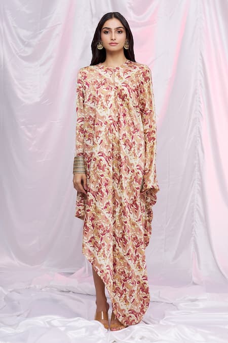 Punit Balana_Yellow Silk Satin Horse Print High Neck Draped Tunic _Online_at_Aza_Fashions