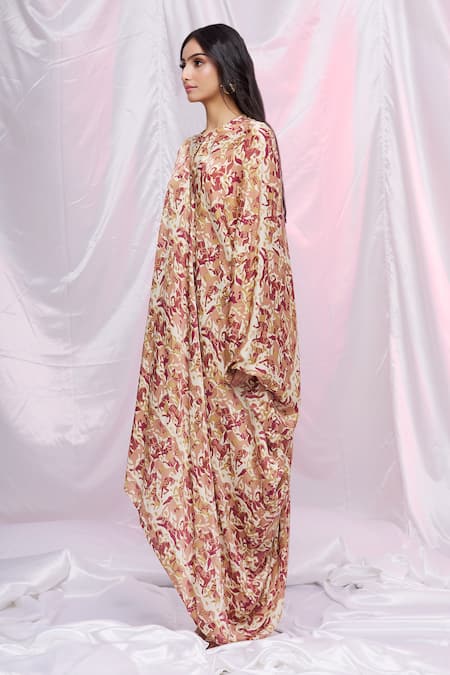 Shop_Punit Balana_Yellow Silk Satin Horse Print High Neck Draped Tunic _Online_at_Aza_Fashions