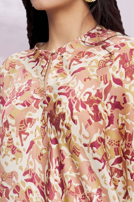 Punit Balana_Yellow Silk Satin Horse Print High Neck Draped Tunic _at_Aza_Fashions