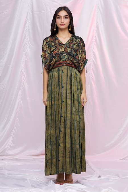 Buy_Punit Balana_Green Silk Satin Striped, Thread Work, Horse Print V Neck Maxi Kaftan Dress _Online_at_Aza_Fashions