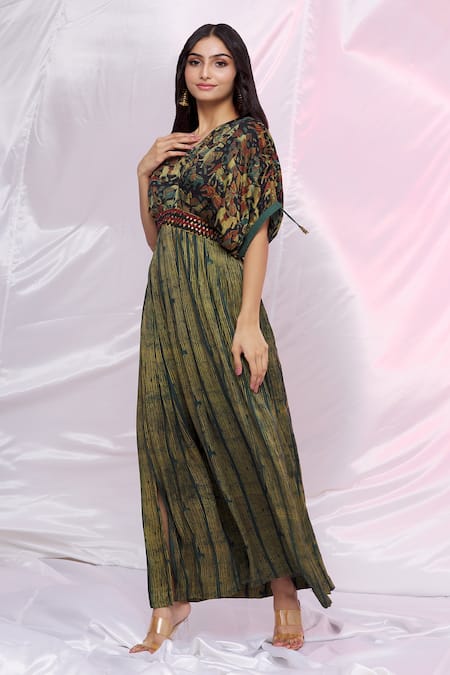 Punit Balana_Green Silk Satin Striped, Thread Work, Horse Print V Neck Maxi Kaftan Dress _Online_at_Aza_Fashions