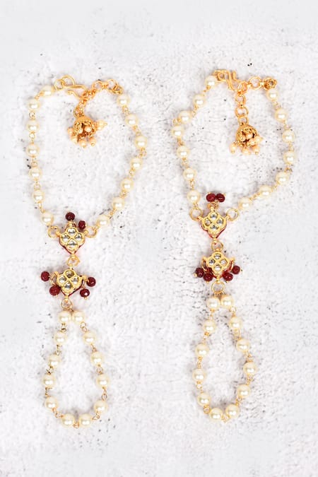 Shop Just Shradhas Gold Plated Pearls, Beads Kundan Hathphool Set at Aza Fashions Shop_Just Shradhas_Gold Plated Pearls, Beads Kundan Hathphool Set _at_Aza_Fashions