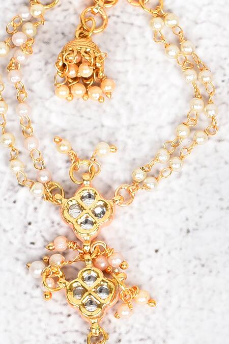 Buy_Just Shradhas_Gold Plated Pearls, Beads Peach Meena Kundan Hathphool Set _Online_at_Aza_Fashions