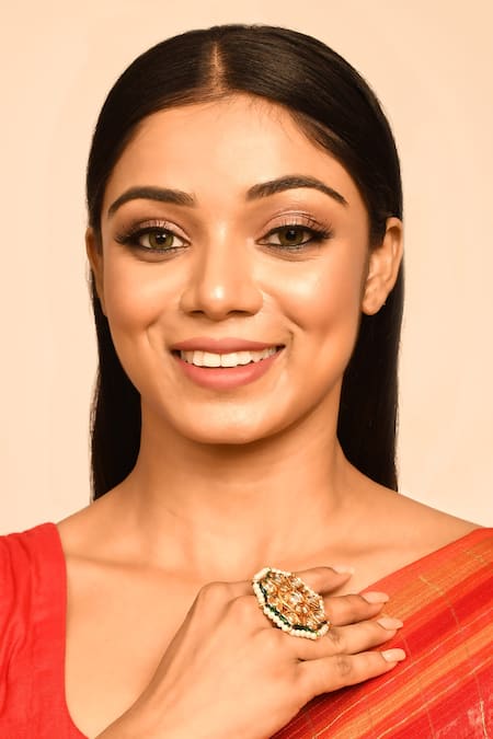 Just Shradhas_Gold Plated Pearls, Beads, Diamonds Kundan Floral Adjustable Ring _Online_at_Aza_Fashions