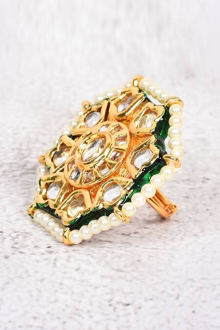 Buy_Just Shradhas_Gold Plated Pearls, Beads, Diamonds Kundan Floral Adjustable Ring _Online_at_Aza_Fashions