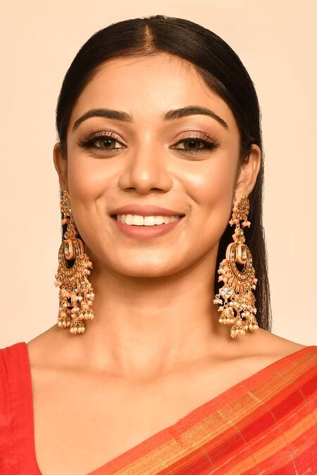 Just Shradhas_Gold Plated Pearls, Beads, Diamonds Kundan Embellished Chandbalis _Online_at_Aza_Fashions