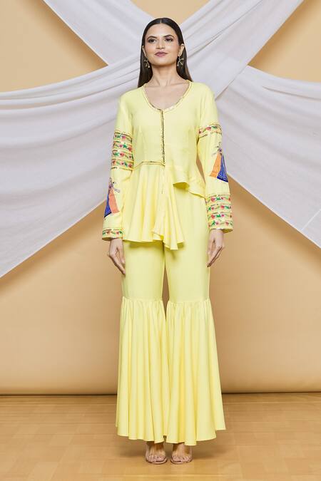 Neeta Lulla_Yellow Chiffon Asymmetrical Tunic And Sharara Set_Online_at_Aza_Fashions
