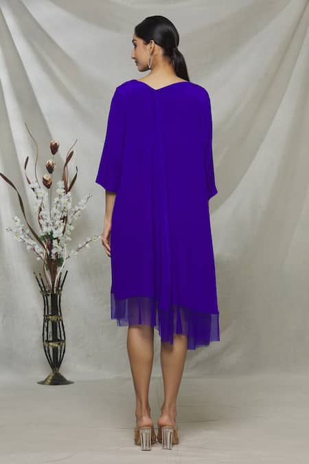 Shop Megha Garg Blue Net, Crepe V Neck Draped Tent Dress at Aza Fashions Shop_Megha Garg_Blue Net, Crepe V Neck Draped Tent Dress _at_Aza_Fashions