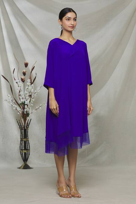 Megha Garg Blue Net, Crepe V Neck Draped Tent Dress Online at Aza Fashions Megha Garg_Blue Net, Crepe V Neck Draped Tent Dress _Online_at_Aza_Fashions