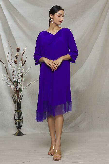 Buy Megha Garg Blue Net, Crepe V Neck Draped Tent Dress Online at Aza Fashions Buy_Megha Garg_Blue Net, Crepe V Neck Draped Tent Dress _Online_at_Aza_Fashions