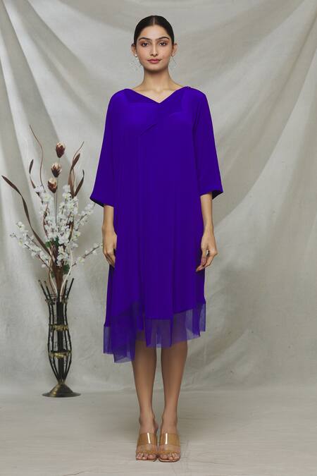 Shop Megha Garg Blue Net, Crepe V Neck Draped Tent Dress Online at Aza Fashions Shop_Megha Garg_Blue Net, Crepe V Neck Draped Tent Dress _Online_at_Aza_Fashions