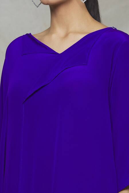 Megha Garg Blue Net, Crepe V Neck Draped Tent Dress at Aza Fashions Megha Garg_Blue Net, Crepe V Neck Draped Tent Dress _at_Aza_Fashions