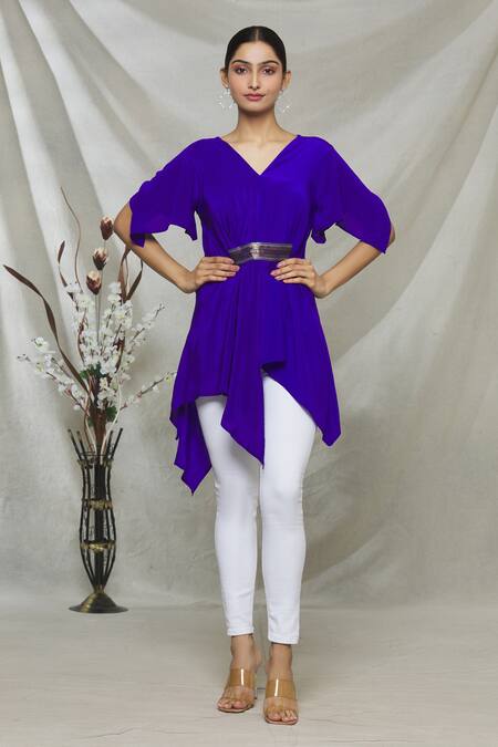 Buy Megha Garg Blue Crepe Sequins V Neck Draped Asymmetric Top Online at Aza Fashions Buy_Megha Garg_Blue Crepe Sequins V Neck Draped Asymmetric Top _Online_at_Aza_Fashions