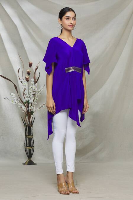 Megha Garg Blue Crepe Sequins V Neck Draped Asymmetric Top Online at Aza Fashions Megha Garg_Blue Crepe Sequins V Neck Draped Asymmetric Top _Online_at_Aza_Fashions