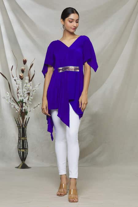 Megha Garg Blue Crepe Sequins V Neck Draped Asymmetric Top