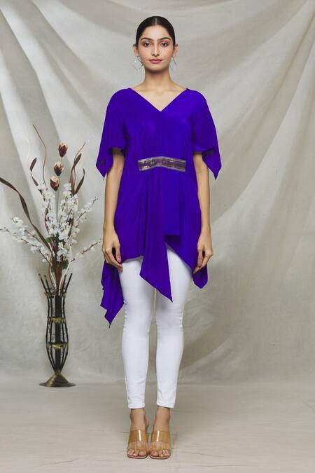 Shop Megha Garg Blue Crepe Sequins V Neck Draped Asymmetric Top Online at Aza Fashions Shop_Megha Garg_Blue Crepe Sequins V Neck Draped Asymmetric Top _Online_at_Aza_Fashions