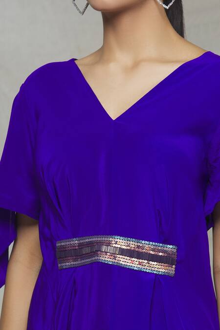 Megha Garg Blue Crepe Sequins V Neck Draped Asymmetric Top at Aza Fashions Megha Garg_Blue Crepe Sequins V Neck Draped Asymmetric Top _at_Aza_Fashions