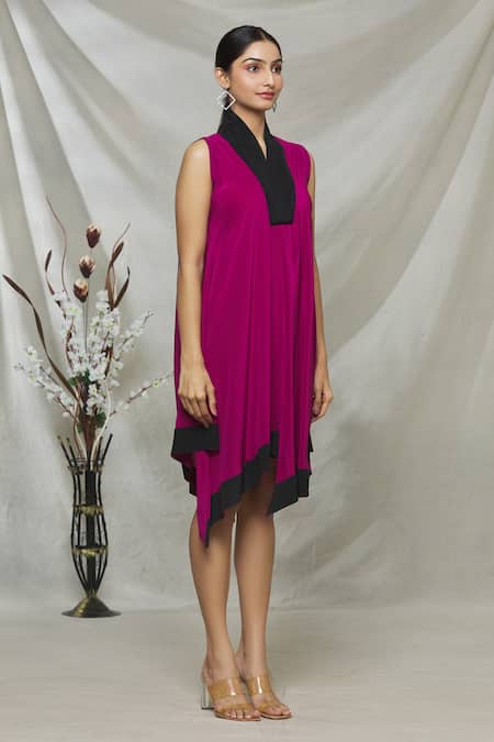 Megha Garg Pink Crepe V Neck Draped Asymmetric Dress Online at Aza Fashions Megha Garg_Pink Crepe V Neck Draped Asymmetric Dress_Online_at_Aza_Fashions