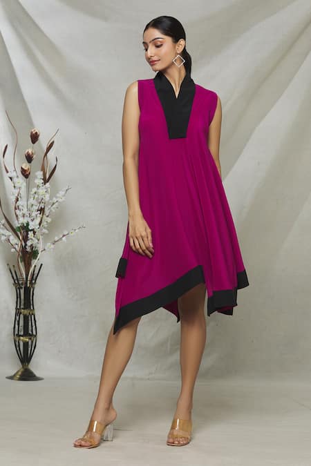 Buy Megha Garg Pink Crepe V Neck Draped Asymmetric Dress Online at Aza Fashions Buy_Megha Garg_Pink Crepe V Neck Draped Asymmetric Dress_Online_at_Aza_Fashions