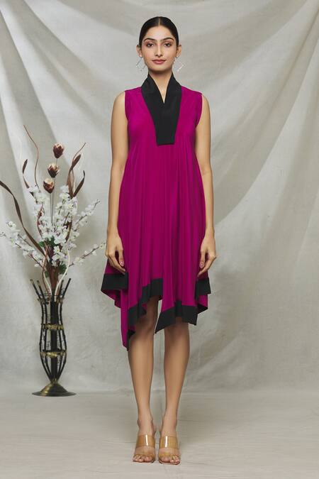 Shop Megha Garg Pink Crepe V Neck Draped Asymmetric Dress Online at Aza Fashions Shop_Megha Garg_Pink Crepe V Neck Draped Asymmetric Dress_Online_at_Aza_Fashions