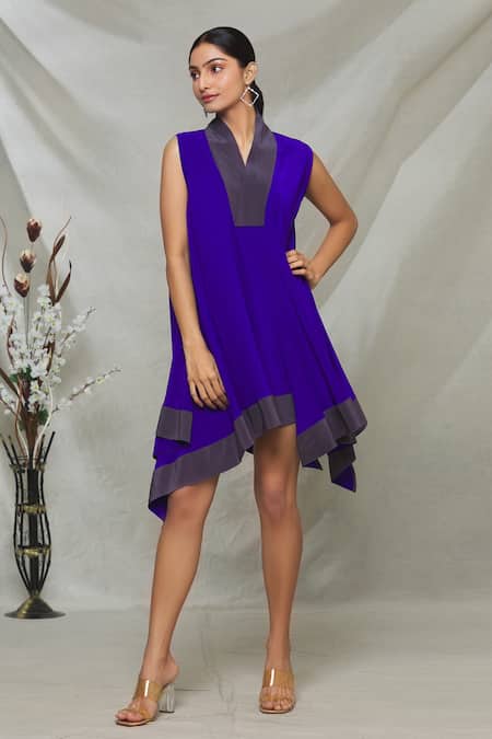 Megha Garg Purple Crepe V Neck Draped Asymmetric Dress