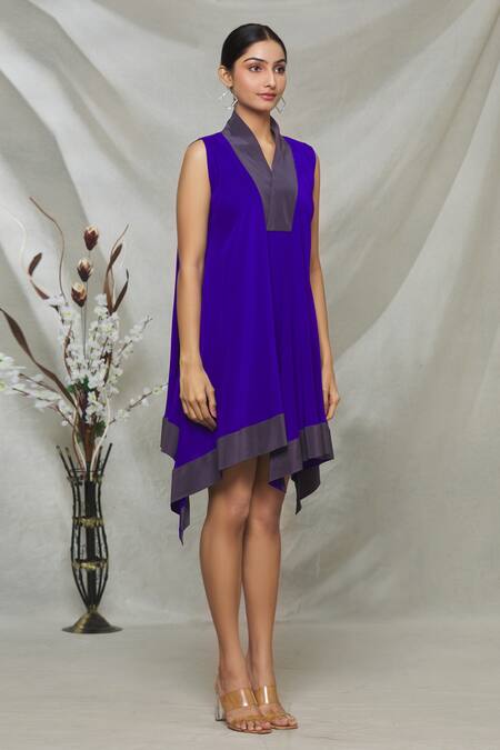 Megha Garg_Purple Crepe V Neck Draped Asymmetric Dress _Online_at_Aza_Fashions
