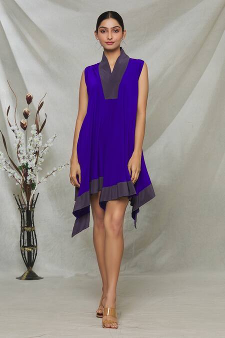 Buy_Megha Garg_Purple Crepe V Neck Draped Asymmetric Dress _Online_at_Aza_Fashions