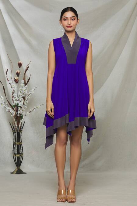 Shop_Megha Garg_Purple Crepe V Neck Draped Asymmetric Dress _Online_at_Aza_Fashions