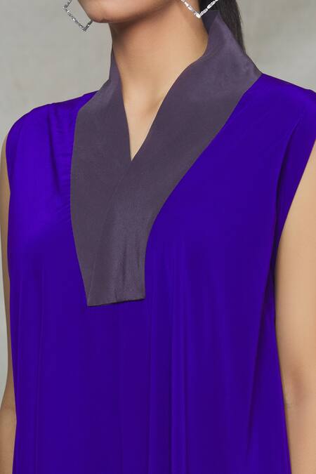 Megha Garg_Purple Crepe V Neck Draped Asymmetric Dress _at_Aza_Fashions