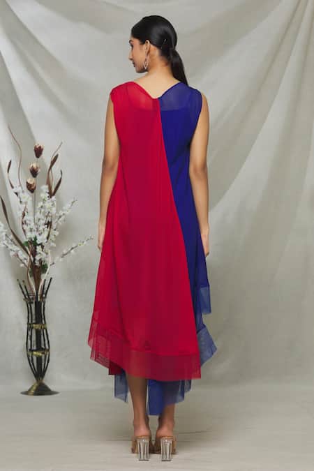 Shop Megha Garg Blue Crepe Sequins V Neck Colourblock Dress at Aza Fashions Shop_Megha Garg_Blue Crepe Sequins V Neck Colourblock Dress _at_Aza_Fashions