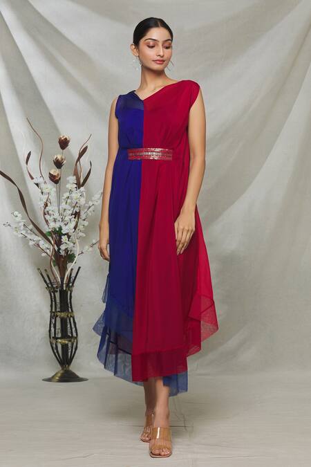 Buy Megha Garg Blue Crepe Sequins V Neck Colourblock Dress Online at Aza Fashions Buy_Megha Garg_Blue Crepe Sequins V Neck Colourblock Dress _Online_at_Aza_Fashions