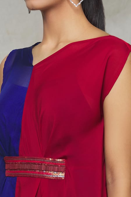 Megha Garg Blue Crepe Sequins V Neck Colourblock Dress at Aza Fashions Megha Garg_Blue Crepe Sequins V Neck Colourblock Dress _at_Aza_Fashions