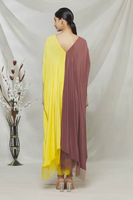 Shop Megha Garg Yellow Crepe Sequins V Neck Colourblock Draped Dress at Aza Fashions Shop_Megha Garg_Yellow Crepe Sequins V Neck Colourblock Draped Dress _at_Aza_Fashions