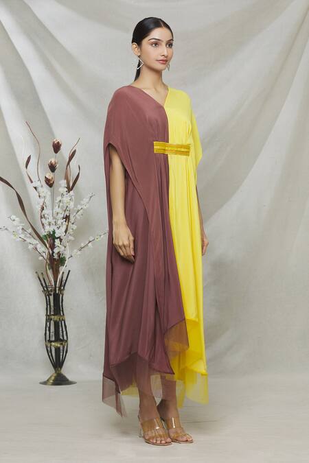 Megha Garg Yellow Crepe Sequins V Neck Colourblock Draped Dress Online at Aza Fashions Megha Garg_Yellow Crepe Sequins V Neck Colourblock Draped Dress _Online_at_Aza_Fashions