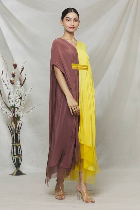 Buy Megha Garg Yellow Crepe Sequins V Neck Colourblock Draped Dress Online at Aza Fashions Buy_Megha Garg_Yellow Crepe Sequins V Neck Colourblock Draped Dress _Online_at_Aza_Fashions